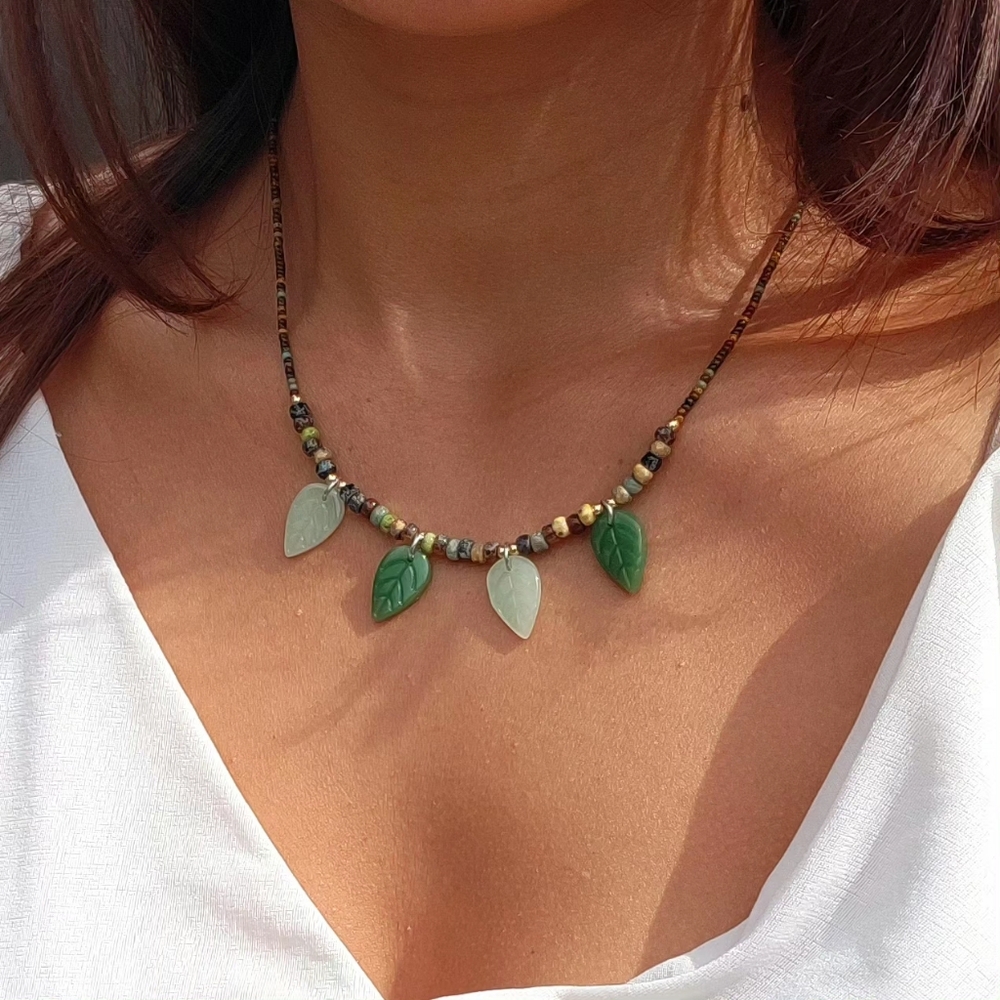 Handmade Bohemian Picasso Jasper Seed Bead And Leaf Necklace